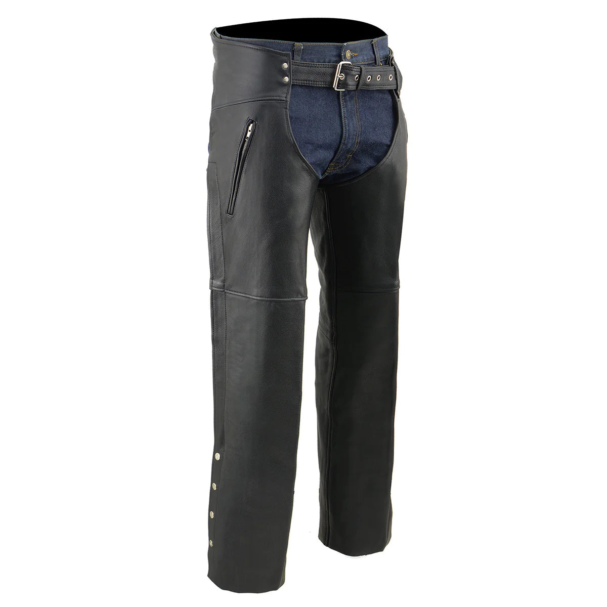 Men's Black Leather Chaps with Zippered Thigh Pockets