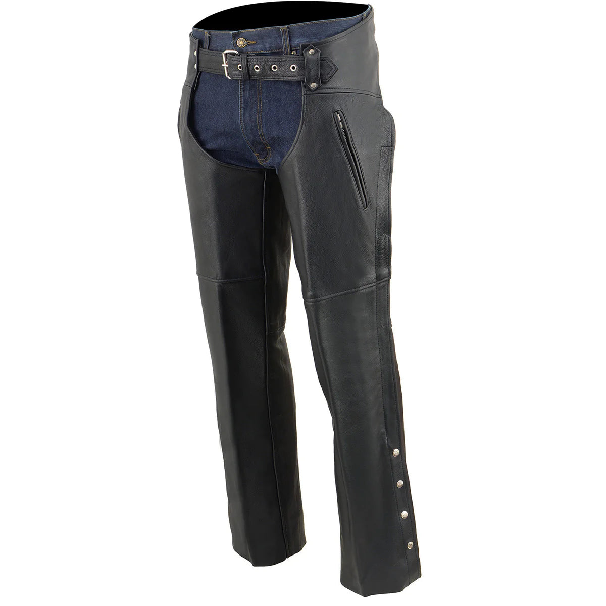 Men's Black Leather Chaps with Zippered Thigh Pockets