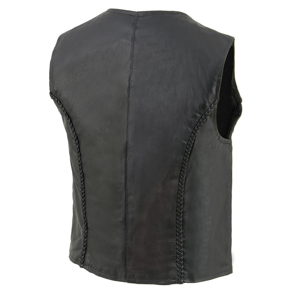 Women's Black Leather Classic Braided Motorcycle Rider Vest with Front Zip Closure