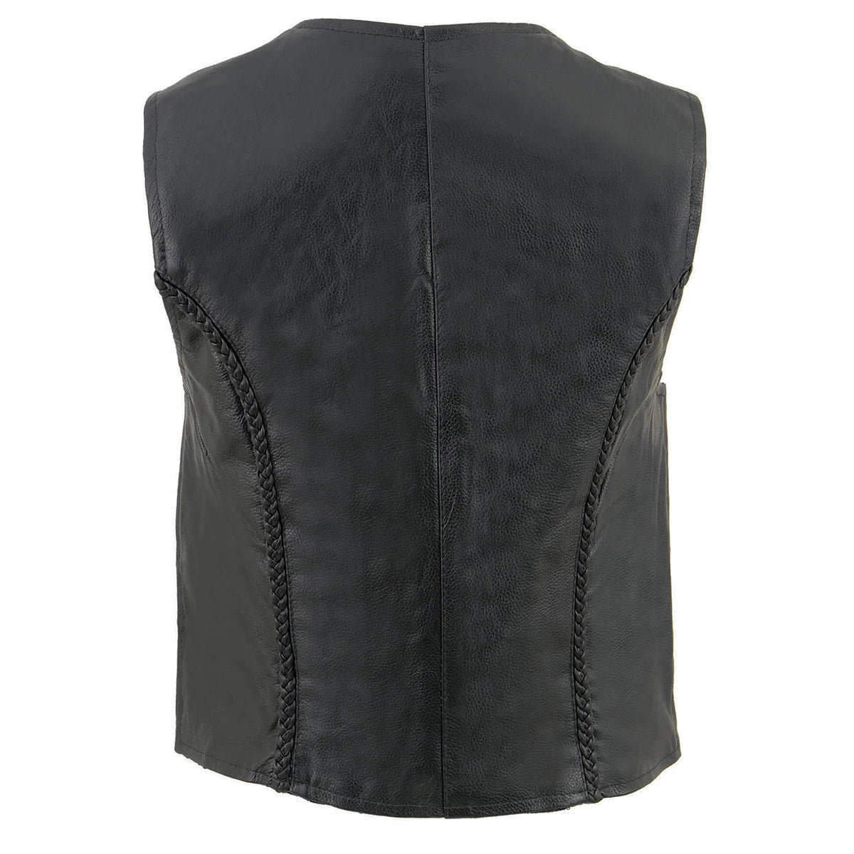 Women's Black Leather Classic Braided Motorcycle Rider Vest with Front Zip Closure