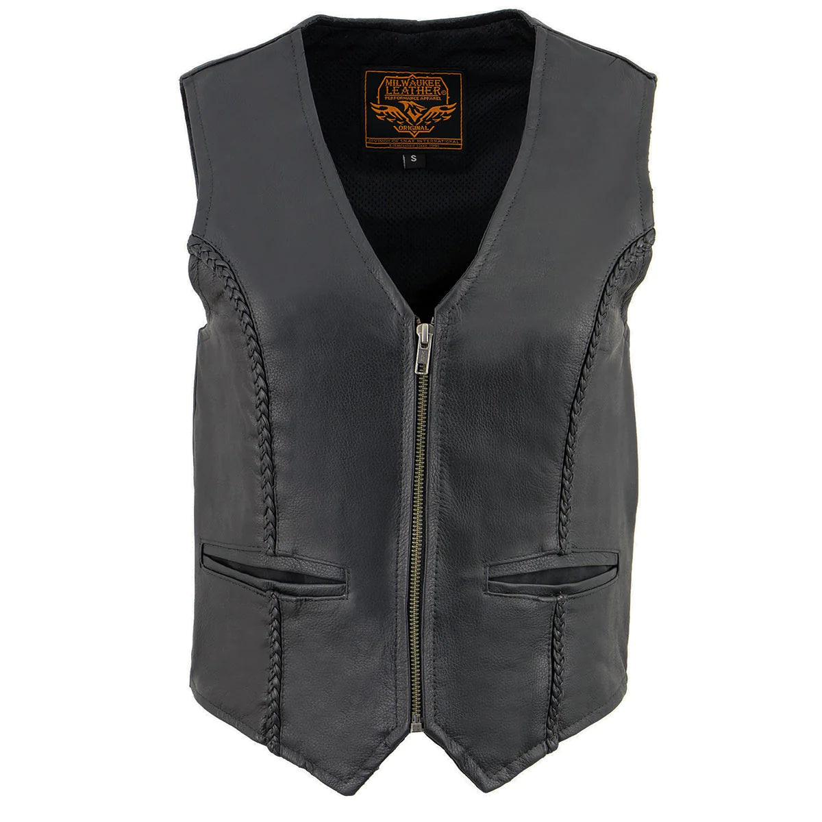 Women's Classic Black Leather Zipper Front Vest