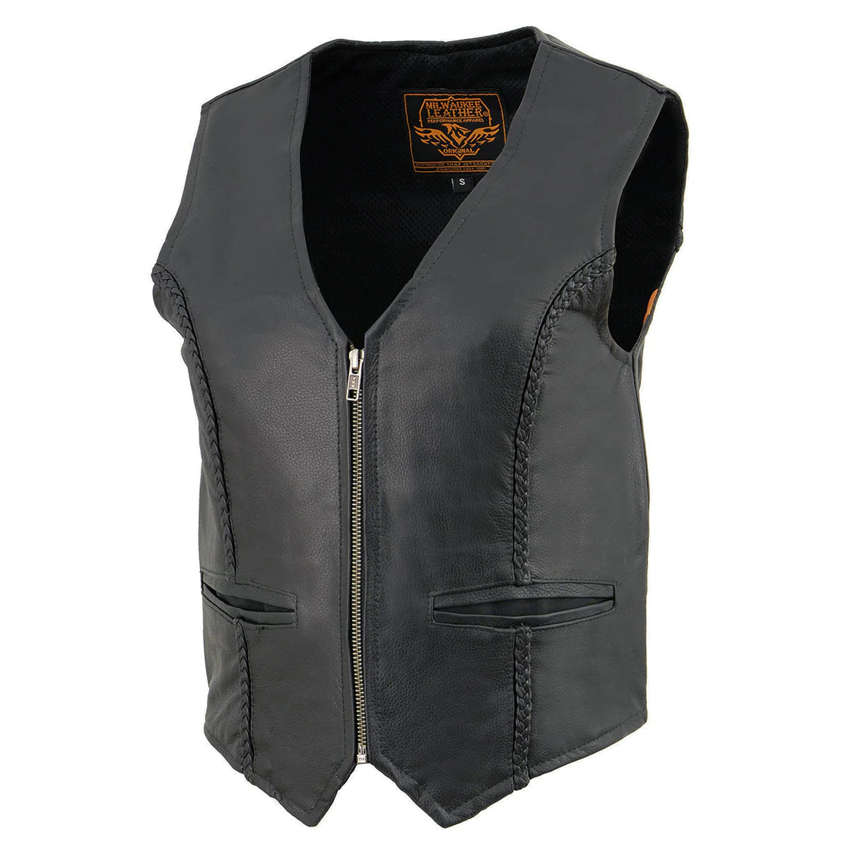 Women's Classic Black Leather Zipper Front Vest