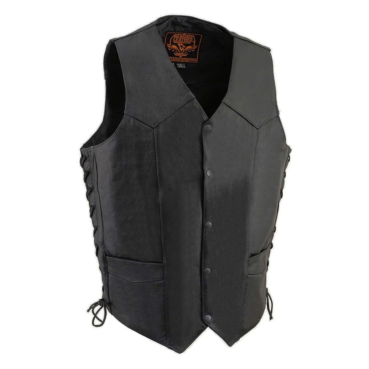 Men's Tall Sizes Black Leather Classic Side Lace Biker Vest