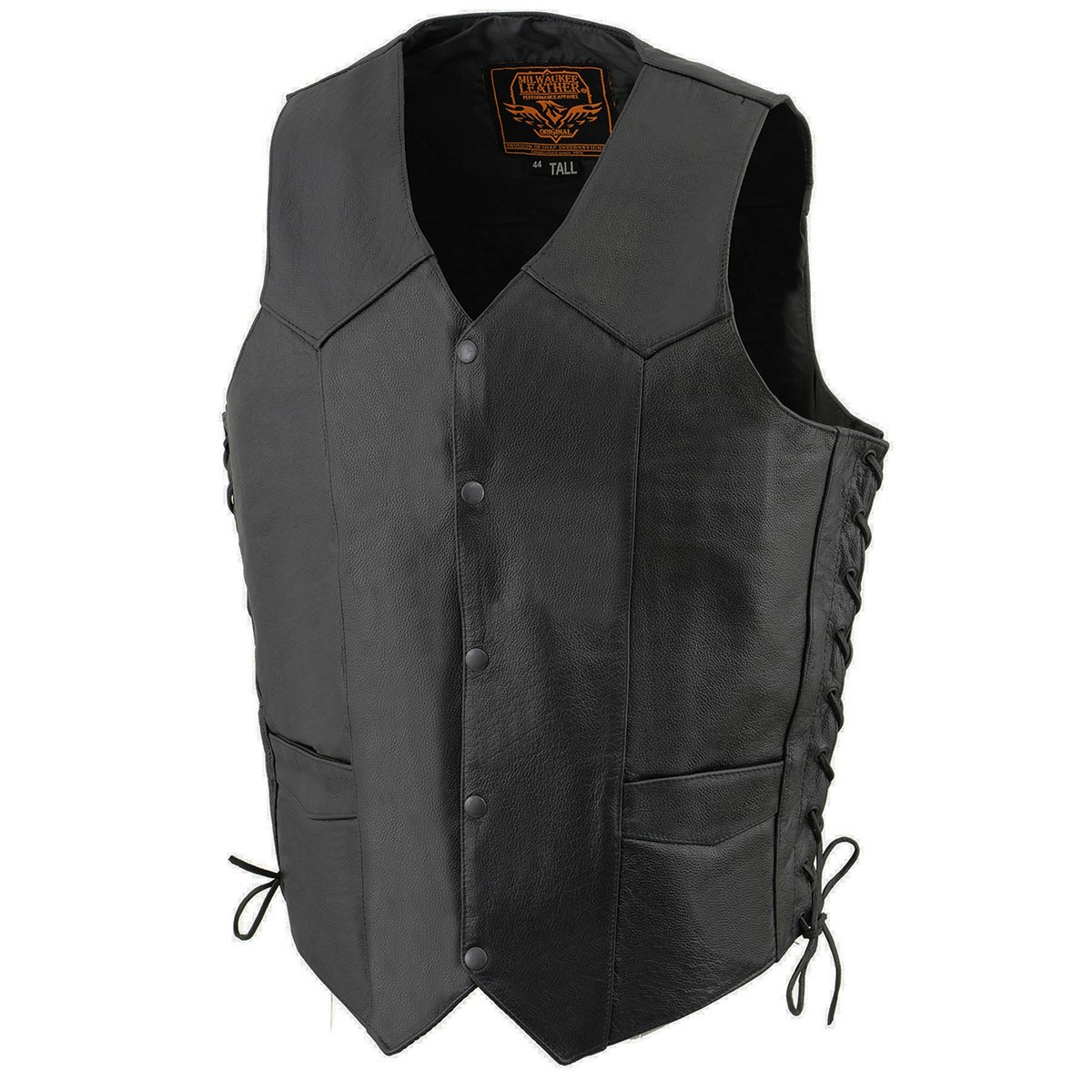 Men's Tall Sizes Black Leather Classic Side Lace Biker Vest