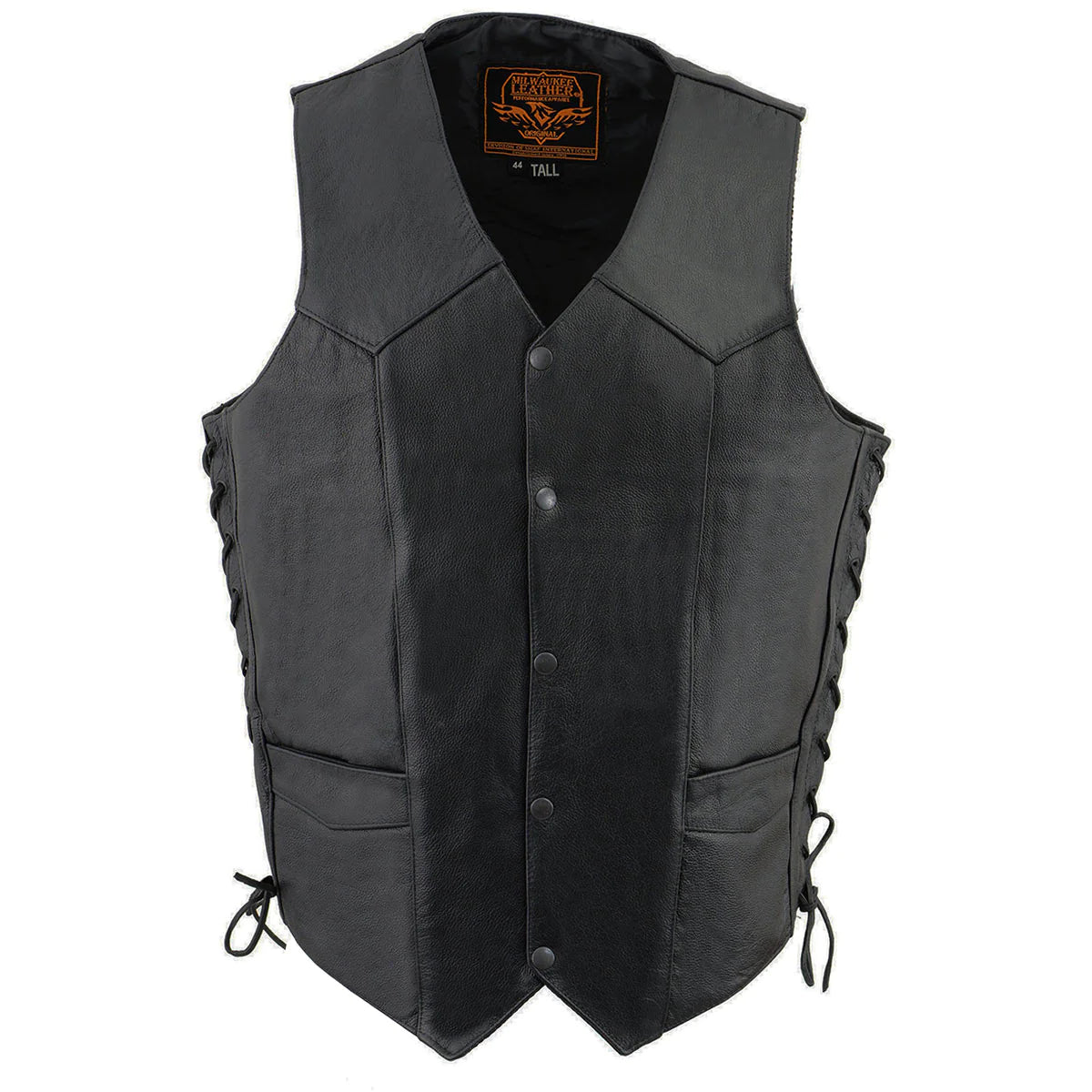 Men's Tall Sizes Black Leather Classic Side Lace Biker Vest