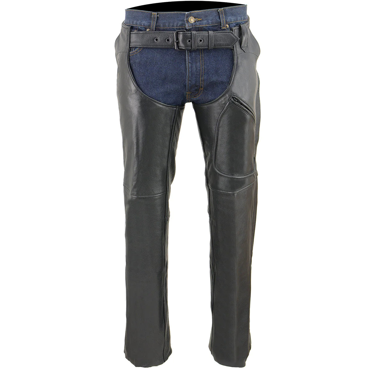 Men's Black Leather 3 Pocket Chaps with Thigh Patch Pocket