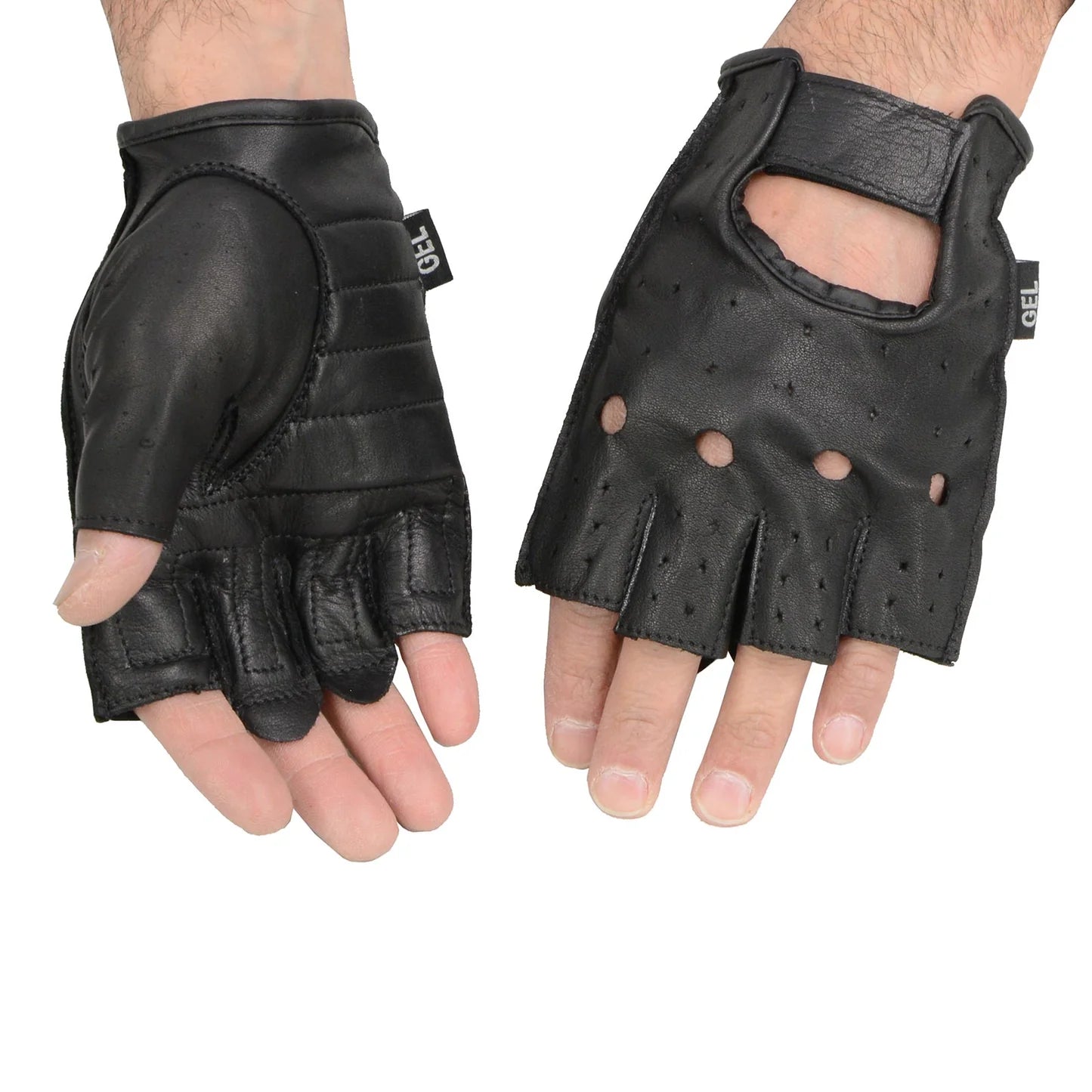 Men's Black Leather Perforated Gel Padded Palm Fingerless Motorcycle Hand Gloves W/ ‘Open Knuckle’