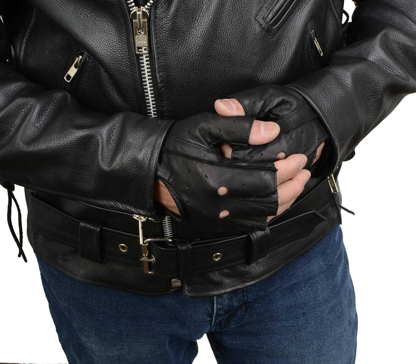 Men's Black Leather Perforated Gel Padded Palm Fingerless Motorcycle Hand Gloves W/ ‘Open Knuckle’