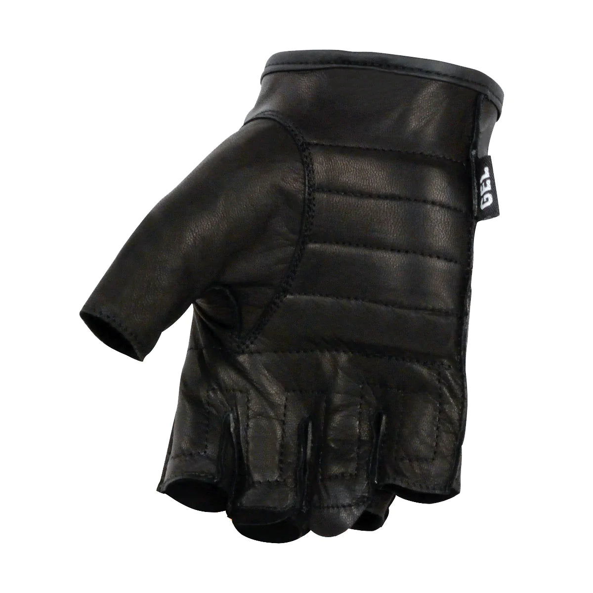 Men's Black Leather Perforated Gel Padded Palm Fingerless Motorcycle Hand Gloves W/ ‘Open Knuckle’