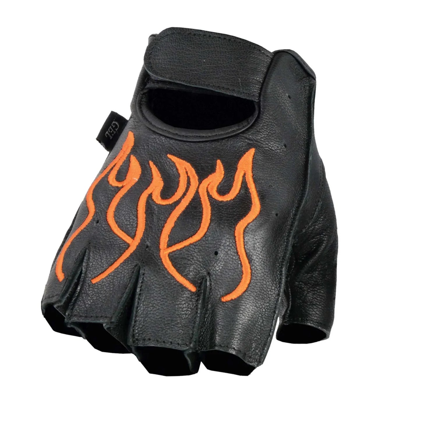 Men's Black Leather Gel Padded Palm Fingerless Motorcycle Hand Gloves W/ ‘Orange Flame Embroidered’