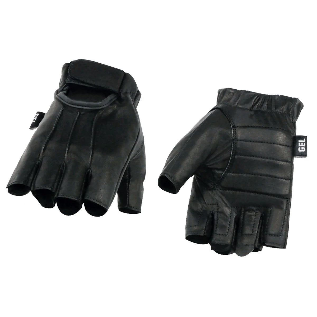 Men's Black Leather Gel Padded Palm Fingerless Motorcycle Hand Gloves W/ ‘Welted’ Design