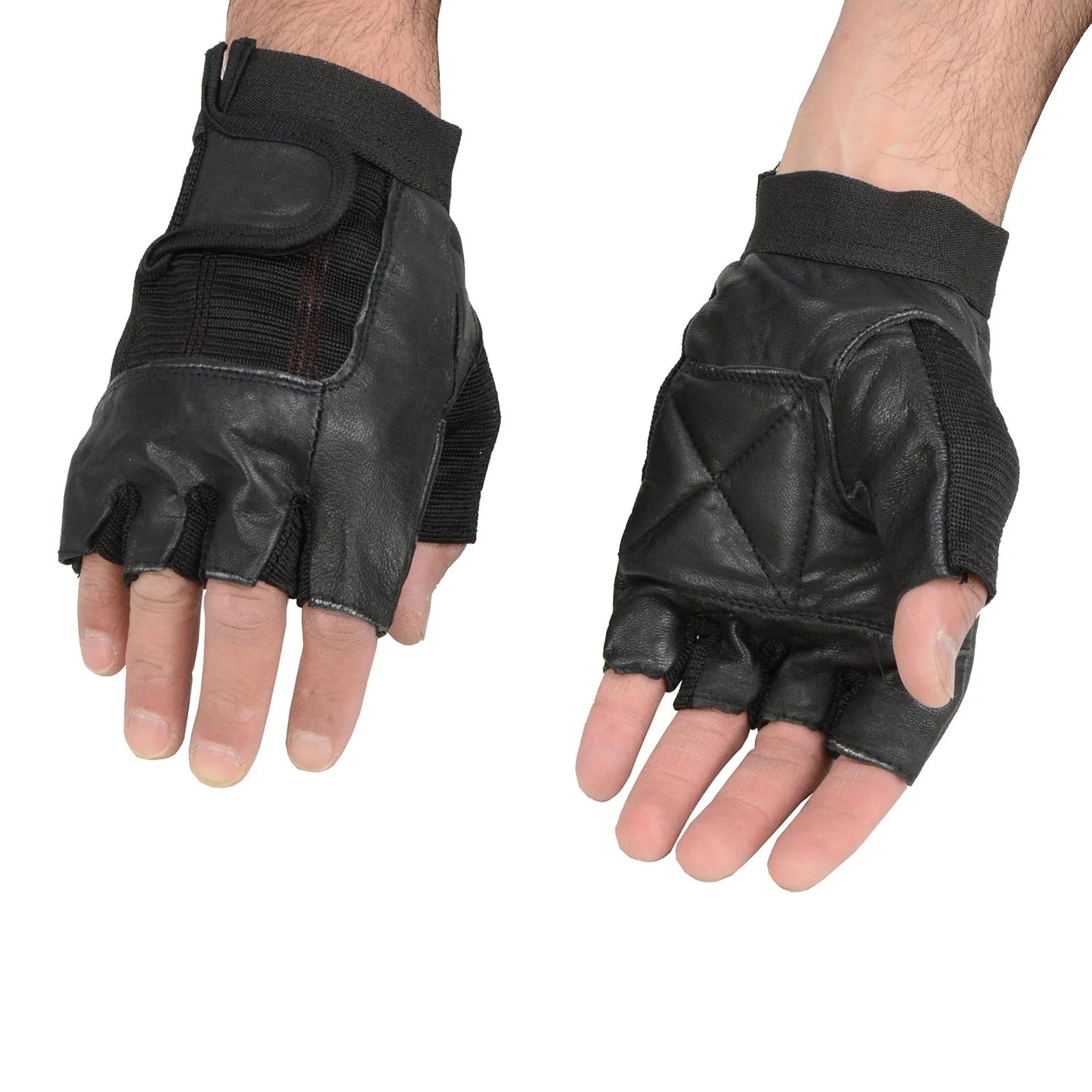 Men's Black Leather Gel Padded Palm Fingerless Motorcycle Hand Gloves W/ Breathable ‘Mesh Material’