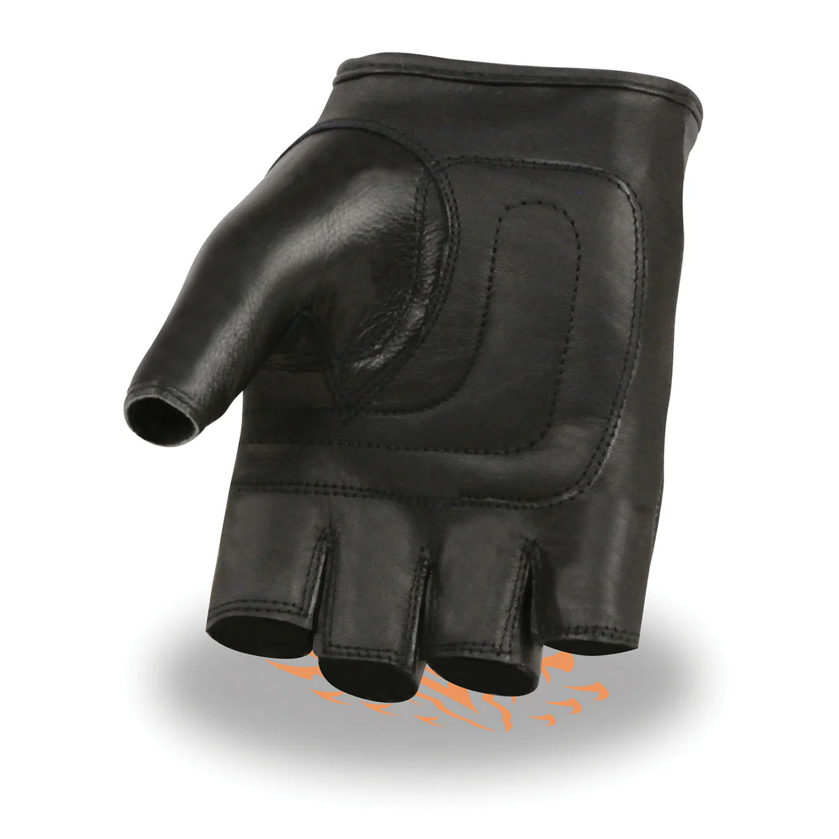 Men's Black Leather Gel Padded Palm Fingerless Motorcycle Hand Gloves W/ ‘Embroidered Skull & Bones’