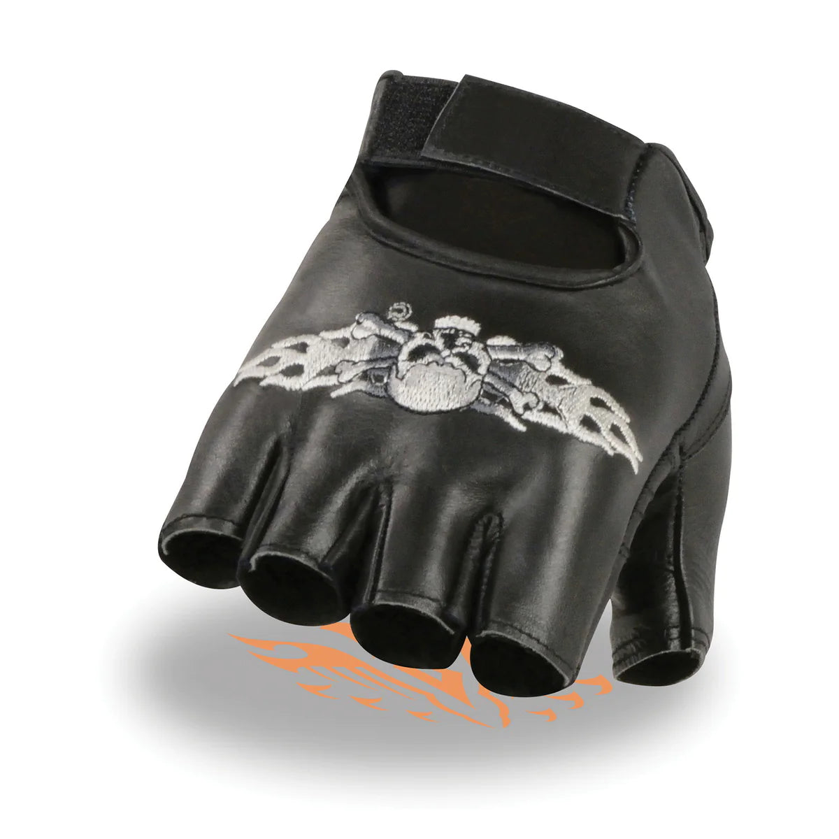 Men's Black Leather Gel Padded Palm Fingerless Motorcycle Hand Gloves W/ ‘Embroidered Skull & Bones’