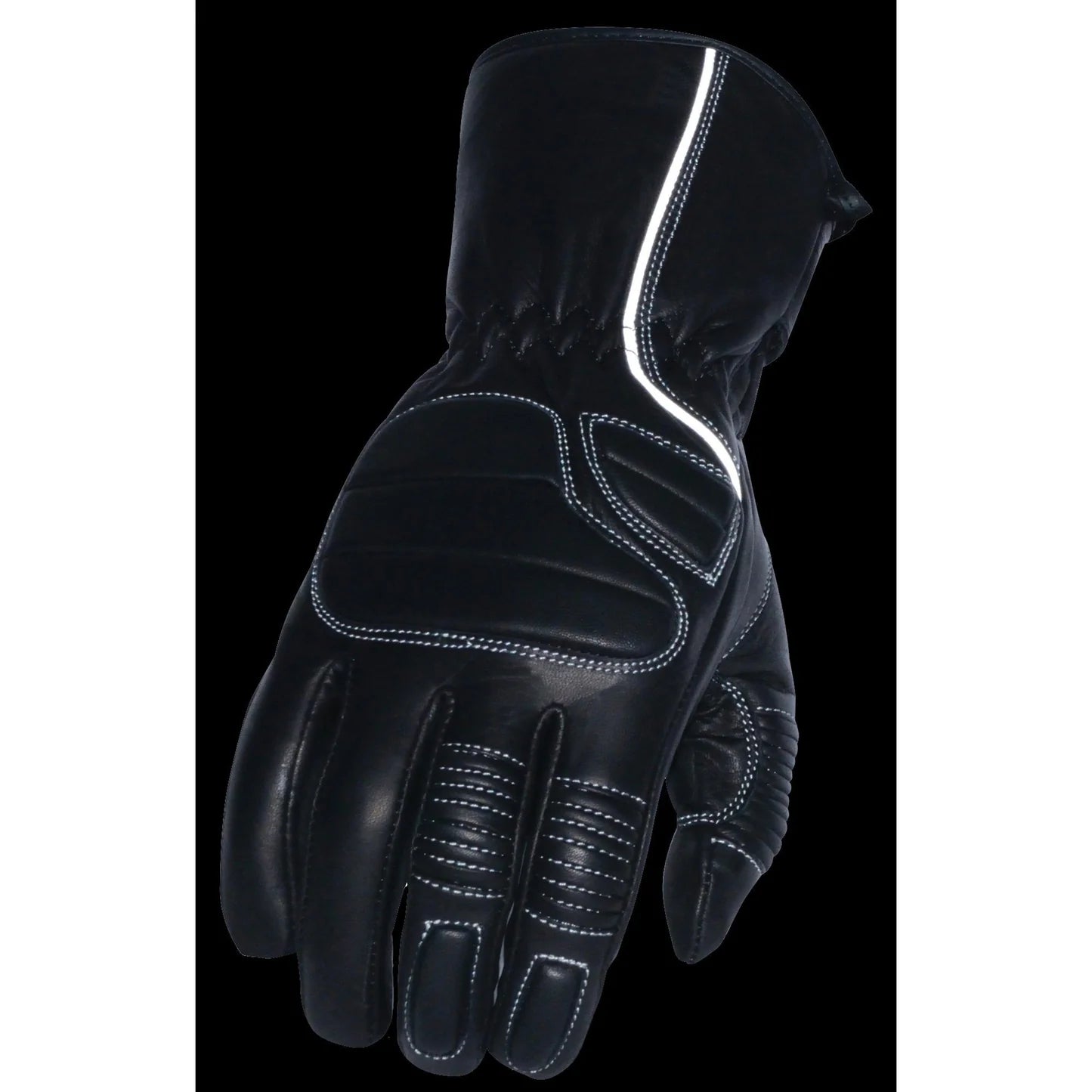 Men's Black Leather Gauntlet Padded Back Racing Motorcycle Hand Gloves W/ Reflective Piping.