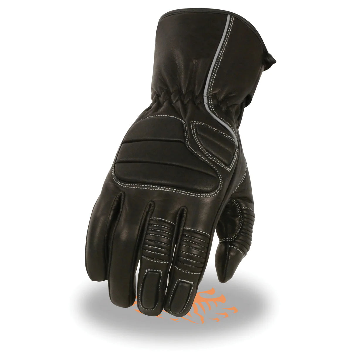 Men's Black Leather Gauntlet Padded Back Racing Motorcycle Hand Gloves W/ Reflective Piping.