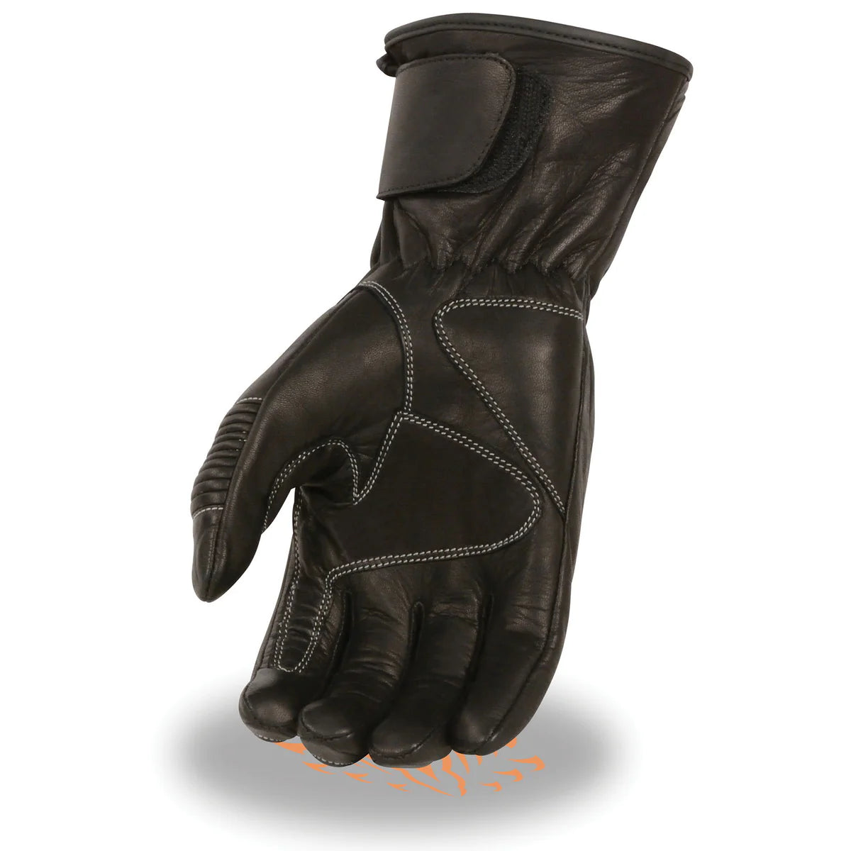 Men's Black Leather Gauntlet Padded Back Racing Motorcycle Hand Gloves W/ Reflective Piping.