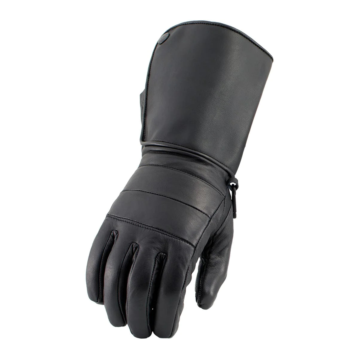 Men's Black Leather ‘Long Cuff’ Gauntlet Gloves with Zipper Closure