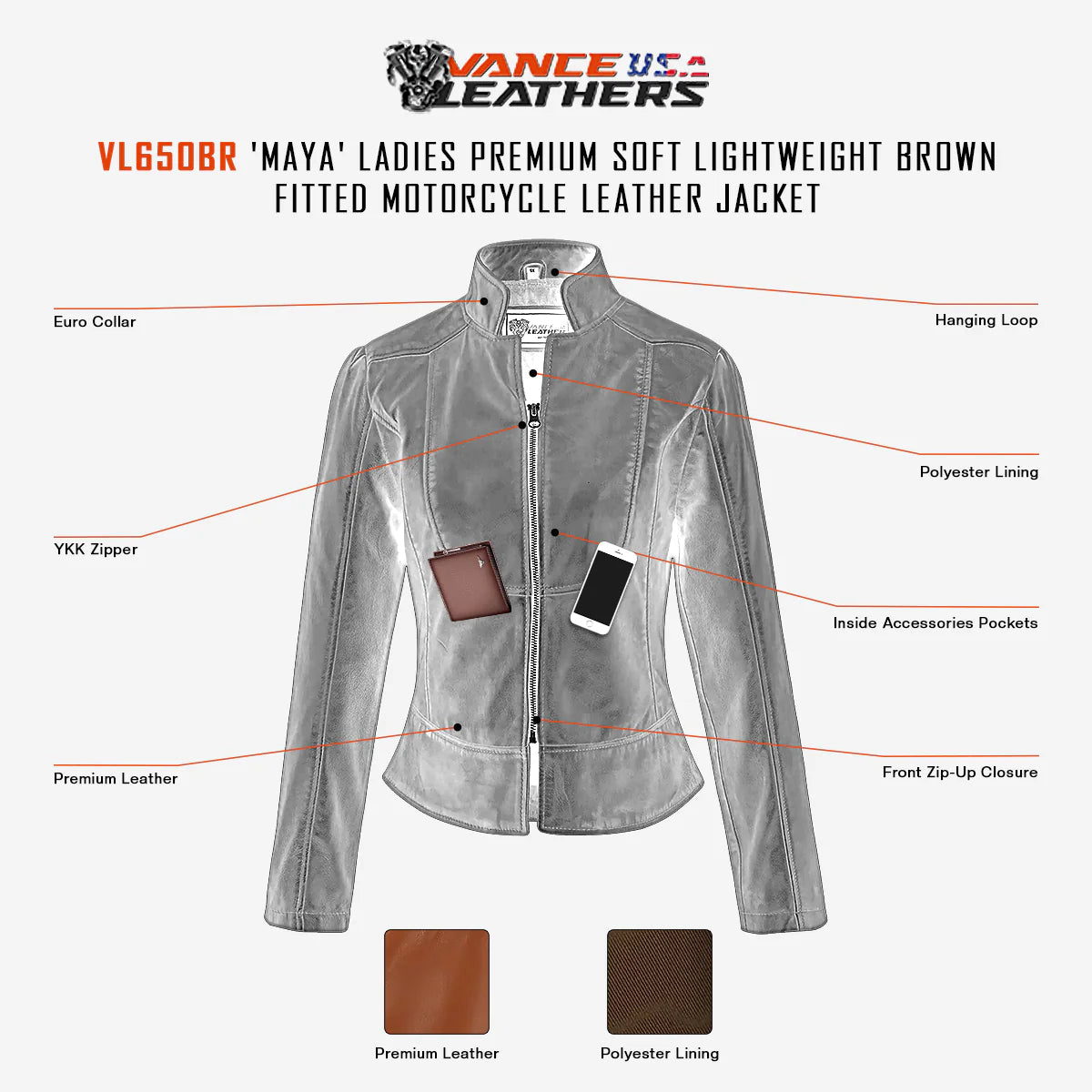 Ladies Premium Soft Lightweight Brown Fitted Leather Jacket