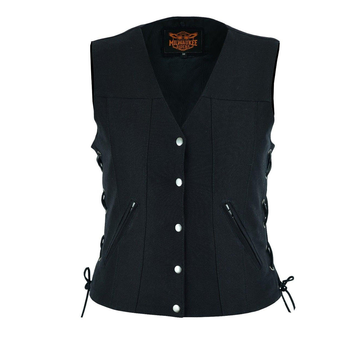 Ladies Black Denim, Side Laces 5 Snap Front Denim Vest