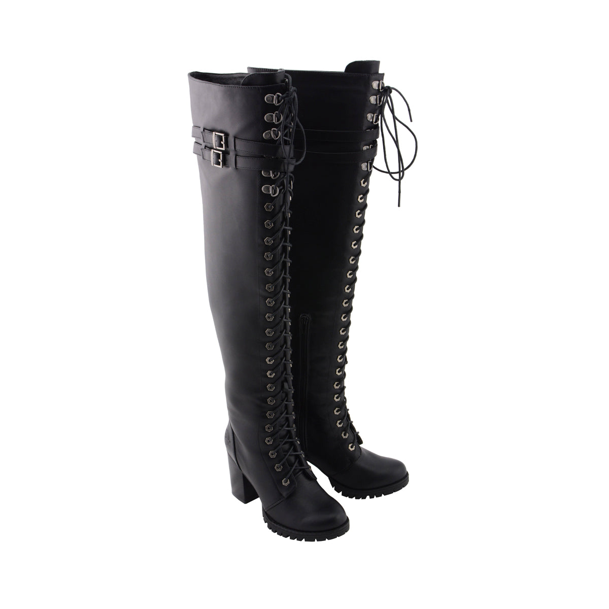 Womens Black Above the Knee Boots with Lace-Up Closure