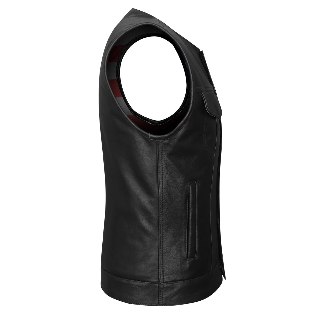 High Mileage Men's Zipper and Snap Closure Collarless Leather Club Vest with American Flag Liner