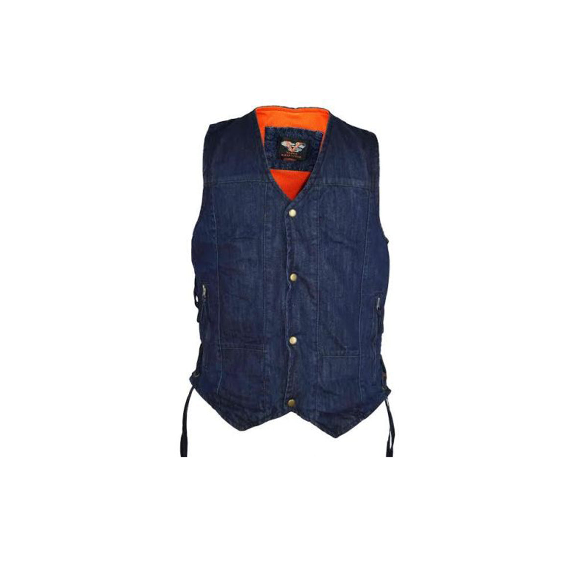 MEN’S 10 POCKET BLUE DENIM MOTORCYCLE VEST WITH 2 GUN POCKETS & SIDE LACES