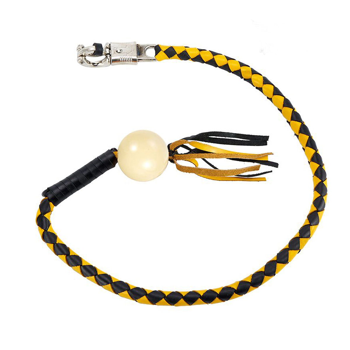 Black And Yellow Fringed Get Back Whip With White Pool Ball