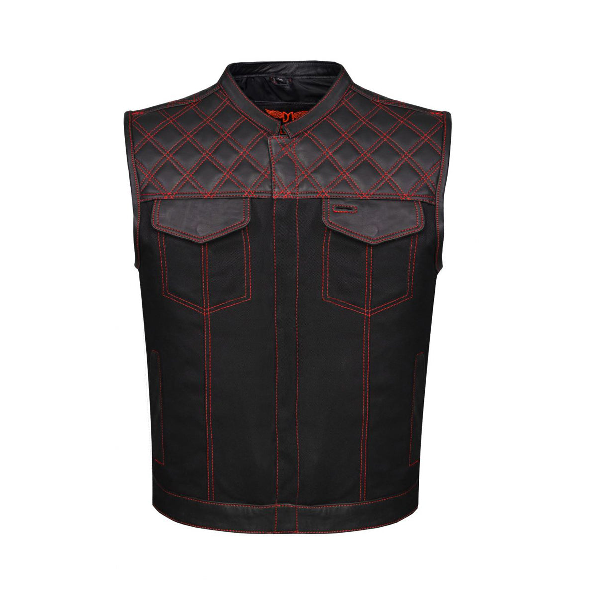 Mens Black Denim & Leather Motorcycle Club Vest Red Thread Zipper Front, Diamond Padding