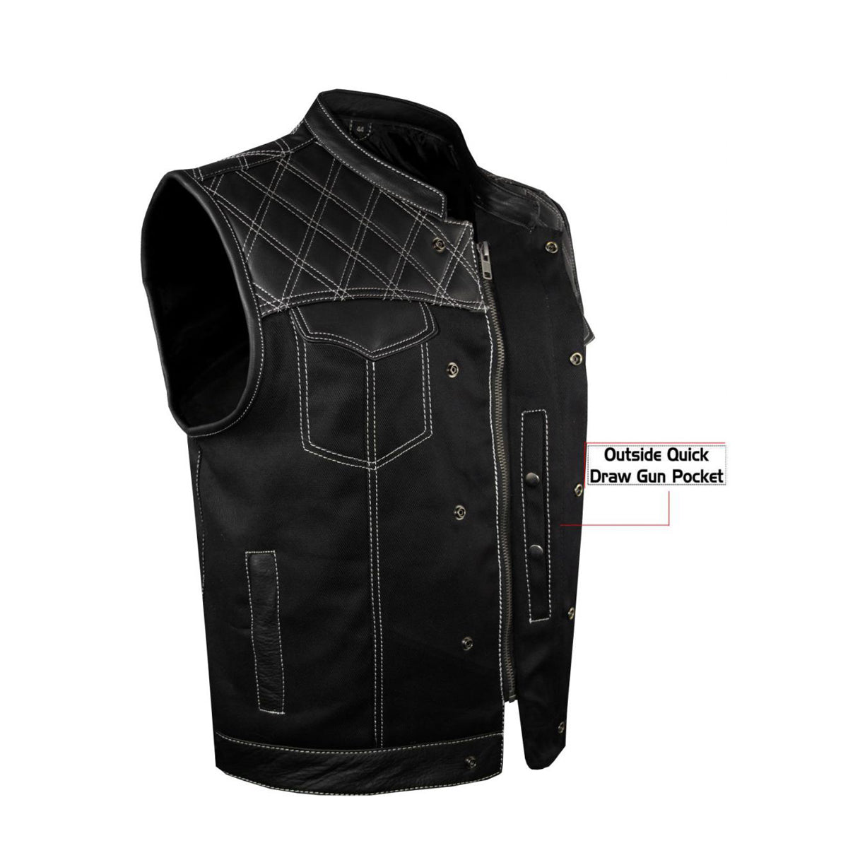 Mens Black Denim & Leather Motorcycle Club Vest White Thread Zipper Front, Diamond Padding