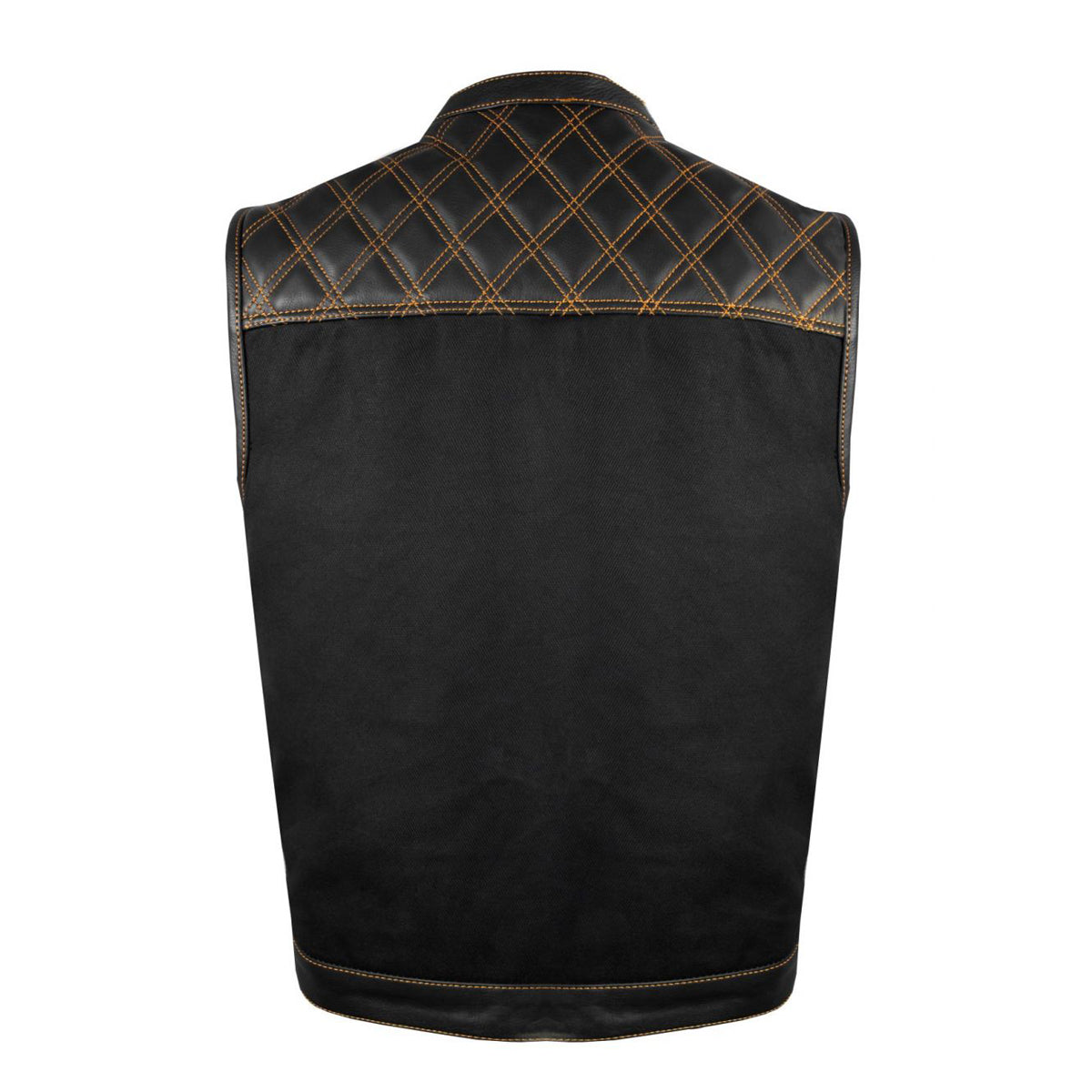 Mens Black Denim & Leather Motorcycle Club Vest Orange Thread Zipper Front, Diamond Padding