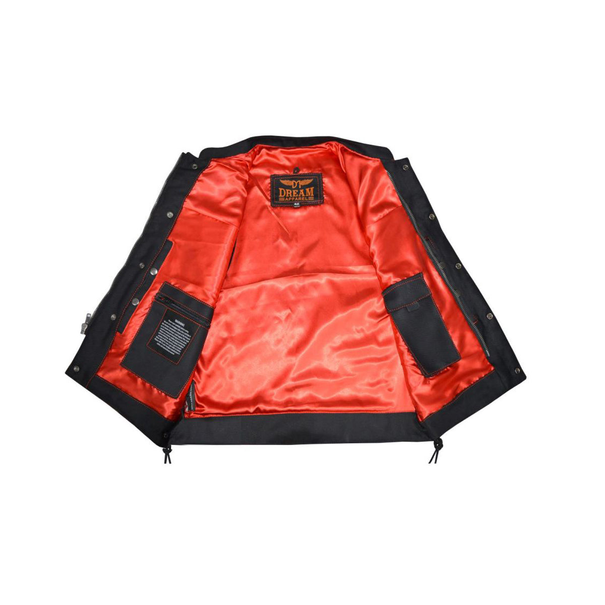 Mens SOA Style Motorcycle Club Vest® Black Denim Conceal Gun Pockets Side Laces Red Thread Red Liner