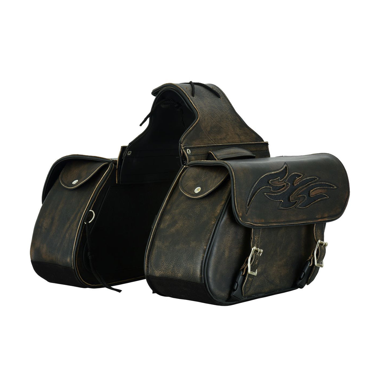 Genuine Distressed Brown Naked Leather Concealed Carry Saddlebag with Flame