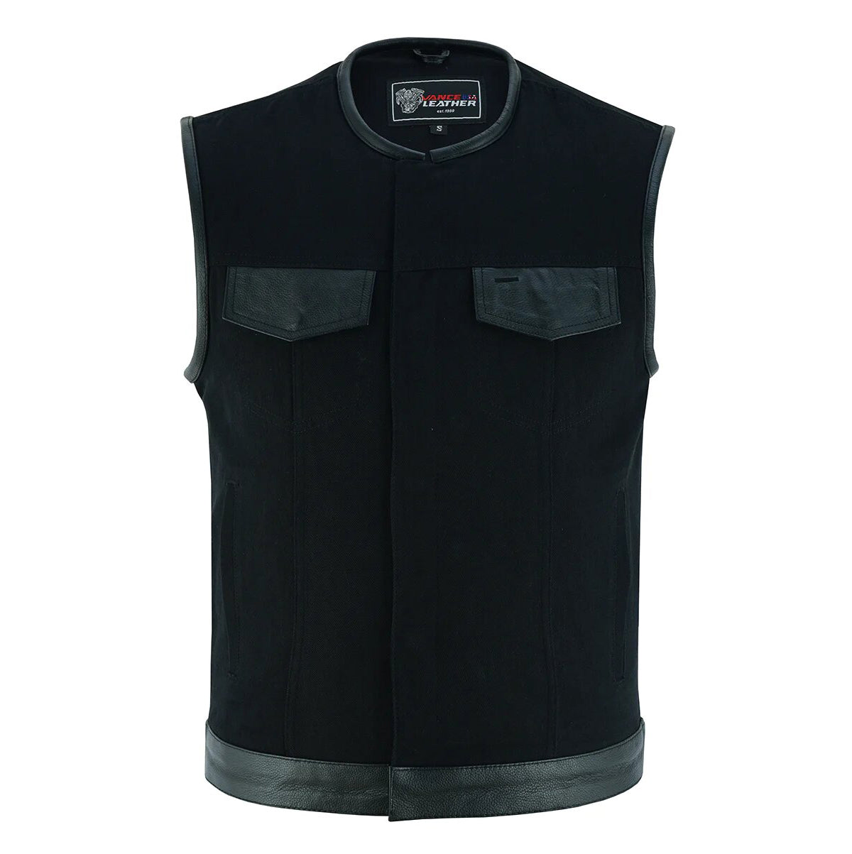 Denim Black Collarless Club Vest with Leather trims