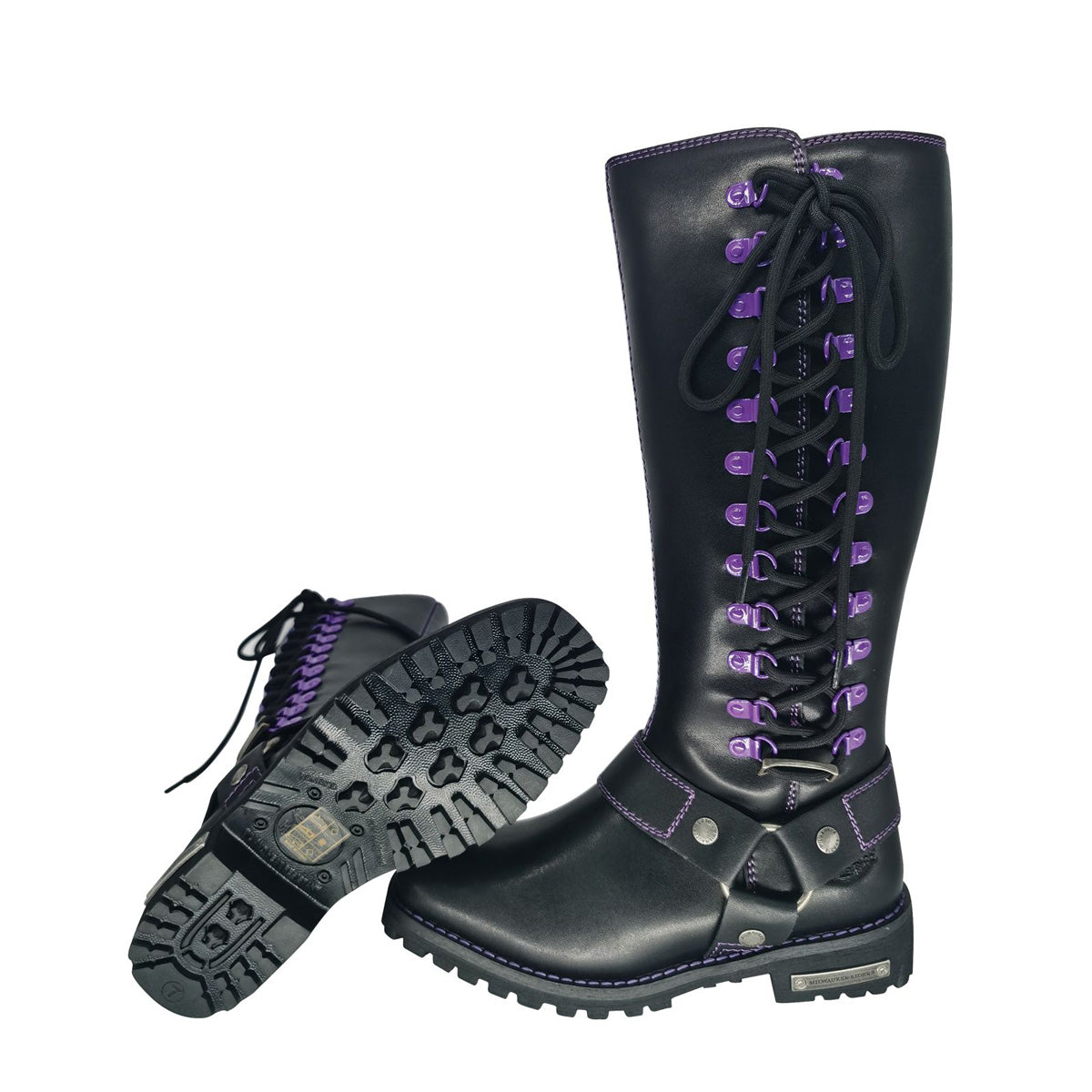 Milwaukee Riders Women Biker Long Boots with Purple Laces