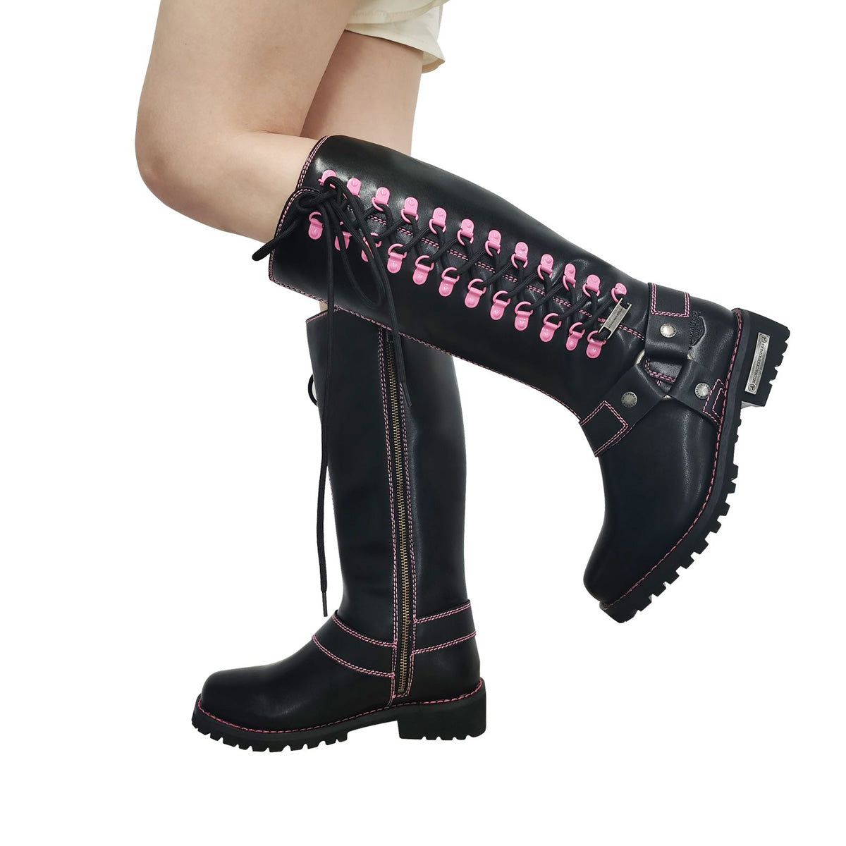 Milwaukee Riders Women Biker Long Boots with Pink Laces