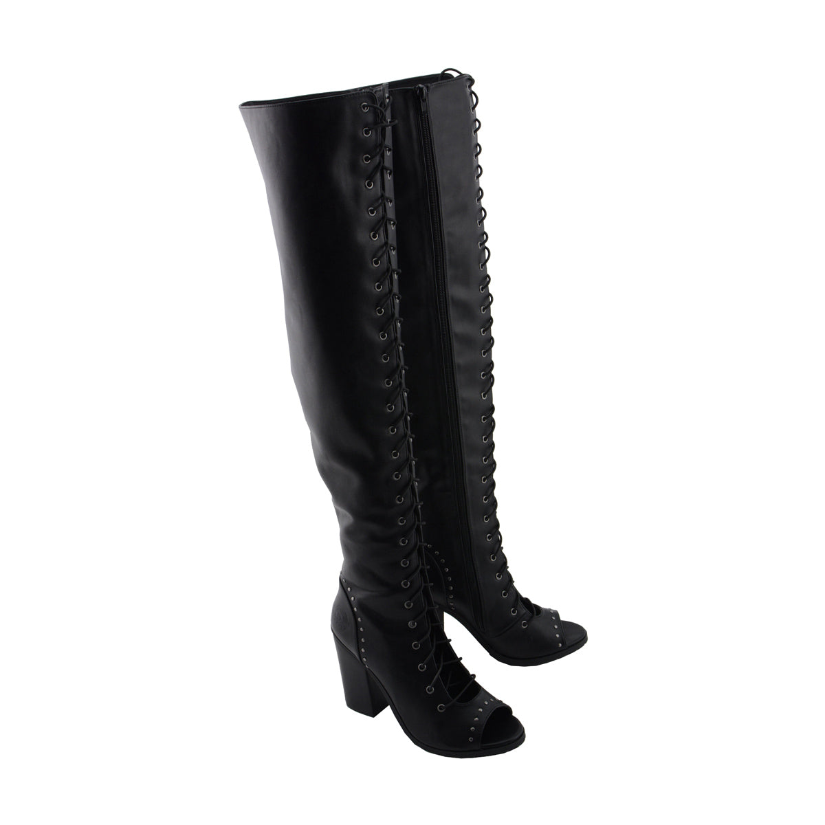 Womens Black Lace-Up Knee High Boots with Open Toe – Extreme Biker
