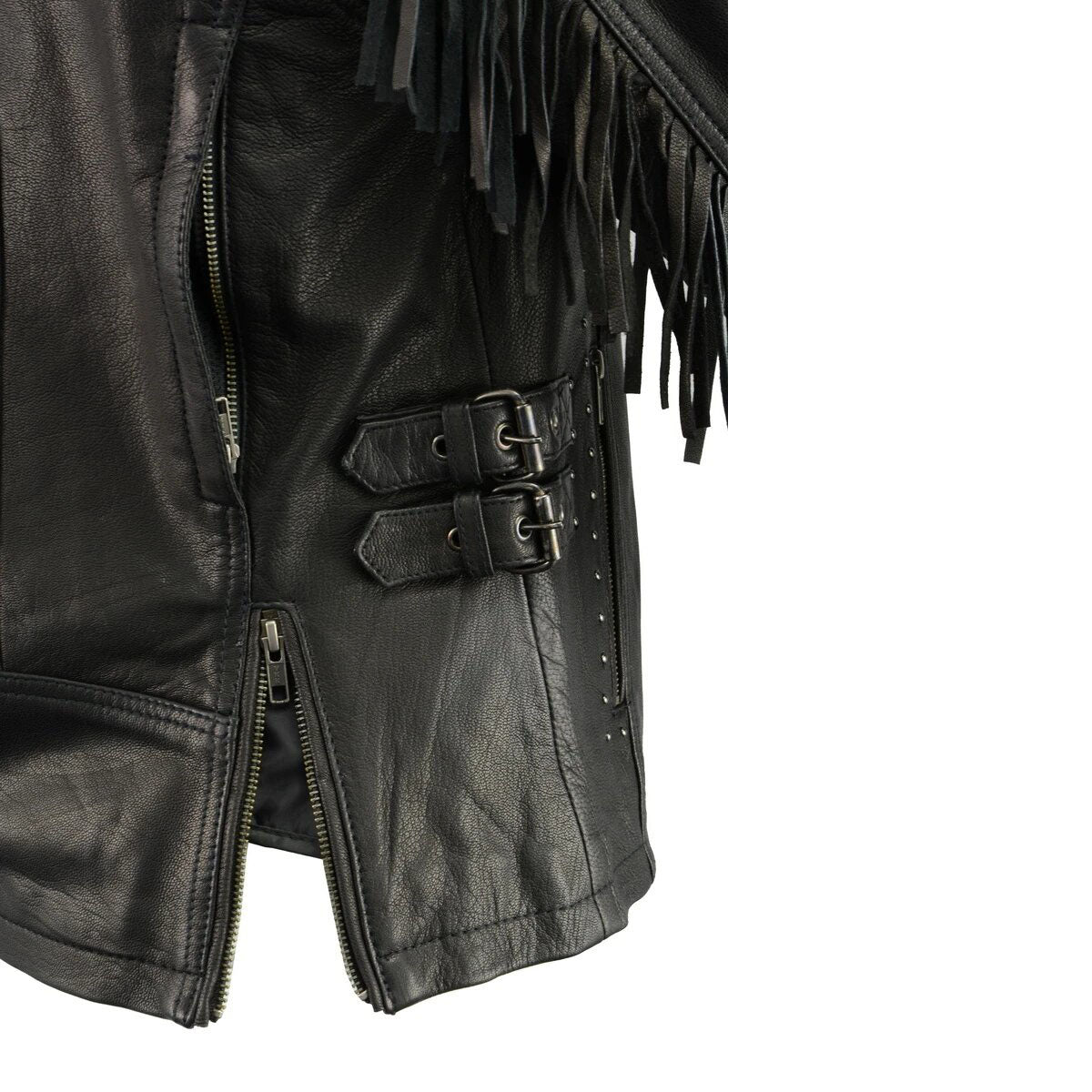 Women's Lightweight Fringed Black Leather Racer Jacket with Dual Gun Pockets