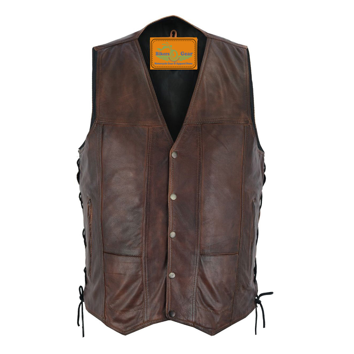 en Pocket Brown Premium Naked Cowhide Leather Riding Vest side laces & gun pocket