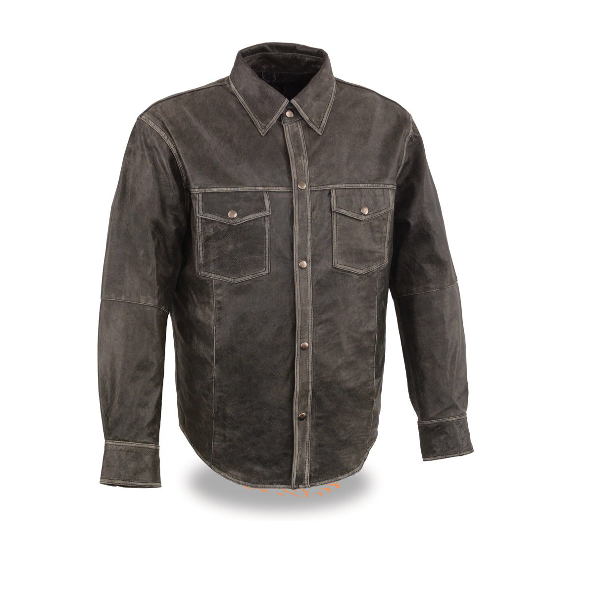 MEN’S DISTRESSED GREY LIGHTWEIGHT LEATHER SNAP FRONT SHIRT