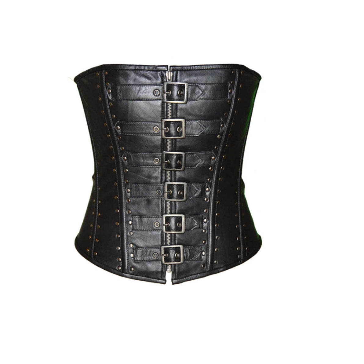Long Brown & Black Leather Overbust Buckles Corset