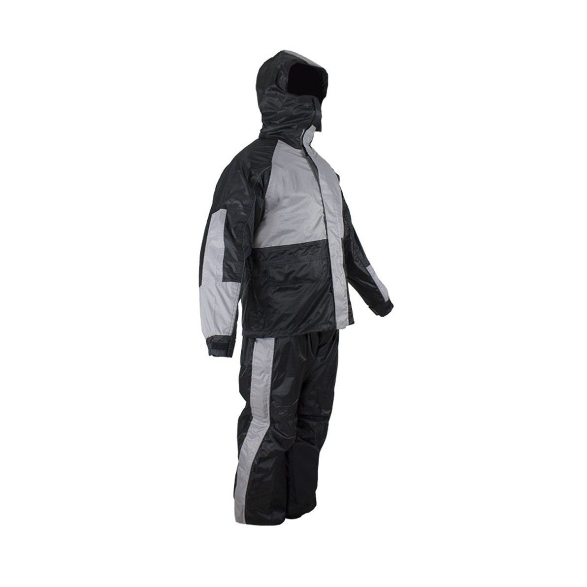 Two-Piece Black & Gray Rain Suit With Zippered Side Seams