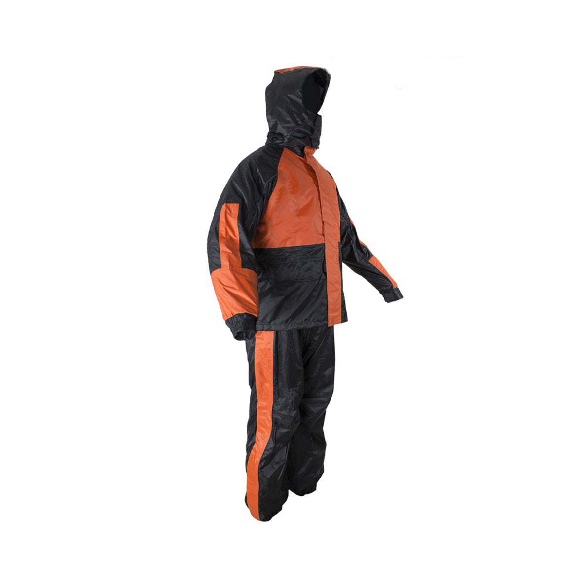 Two-Piece Black & Orange Rain Suit With Zippered Side Seams