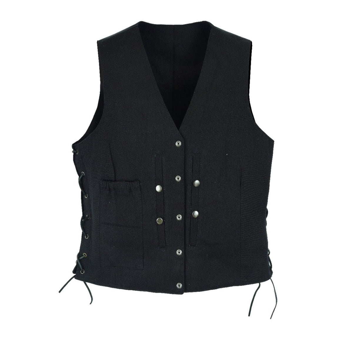 Ladies Black Denim, Side Laces 5 Snap Front Denim Vest