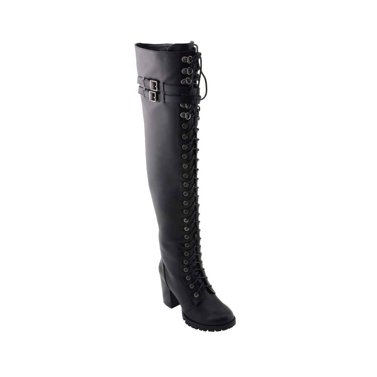 Womens Black Above the Knee Boots with Lace-Up Closure