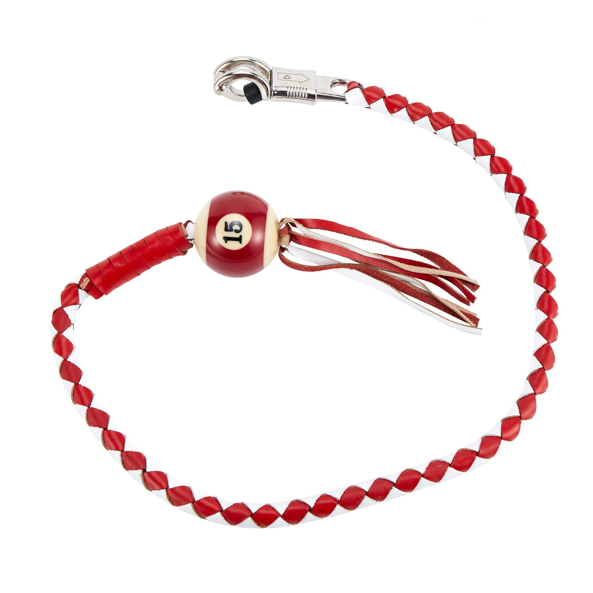 White And Red Fringed Get Back Whip W/ Pool Ball