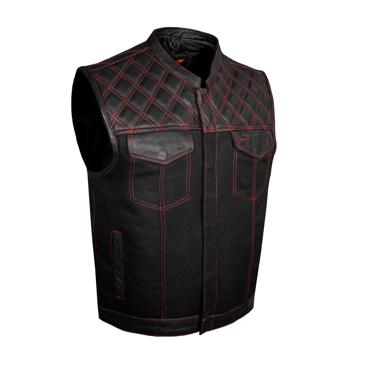Mens Black Denim & Leather Motorcycle Club Vest Red Thread Zipper Front, Diamond Padding