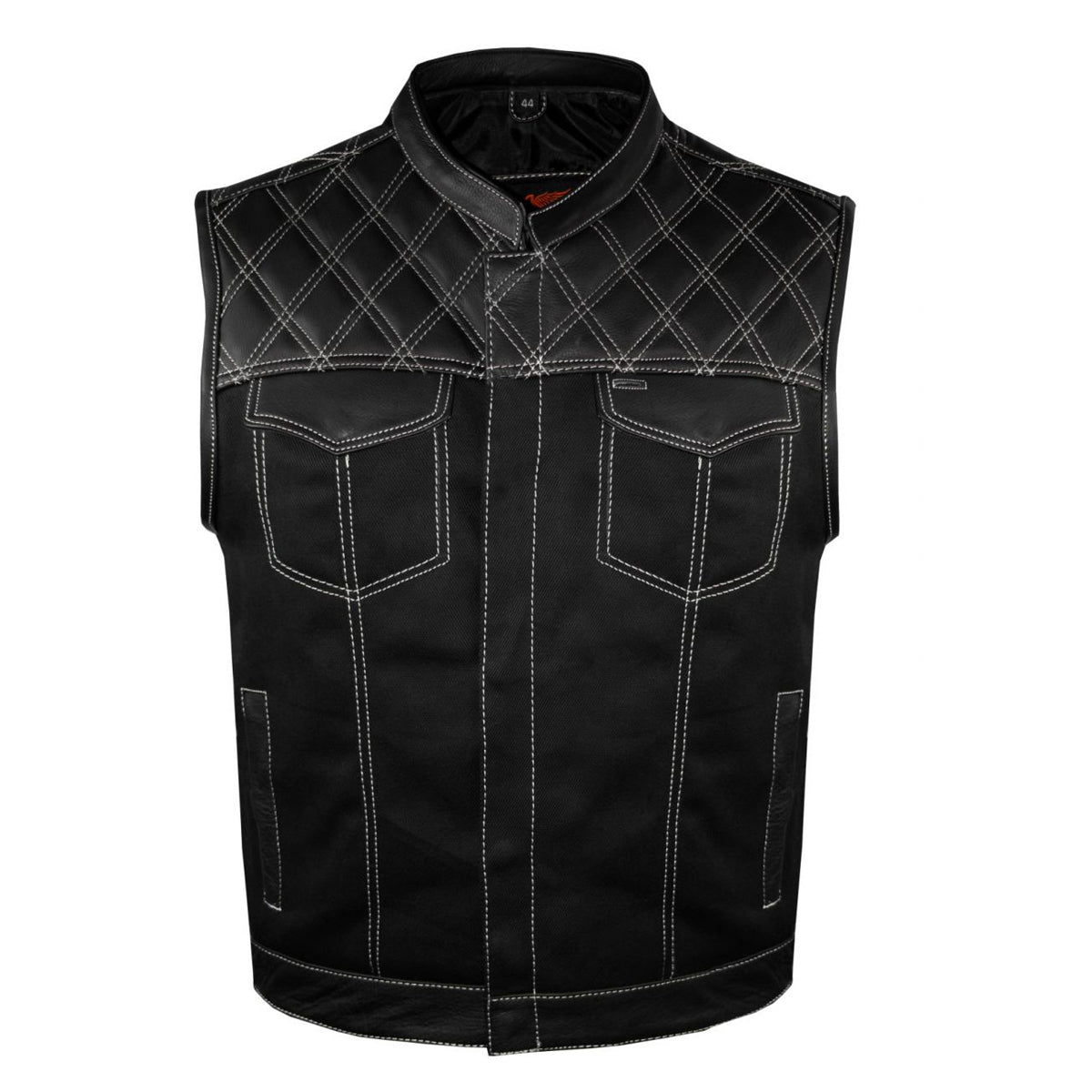 Mens Black Denim & Leather Motorcycle Club Vest White Thread Zipper Front, Diamond Padding