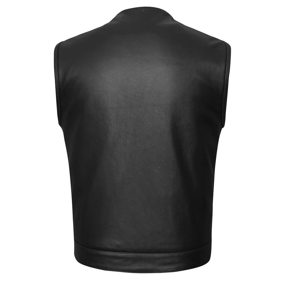 High Mileage Men's Zipper and Snap Closure Collarless Leather Club Vest with American Flag Liner
