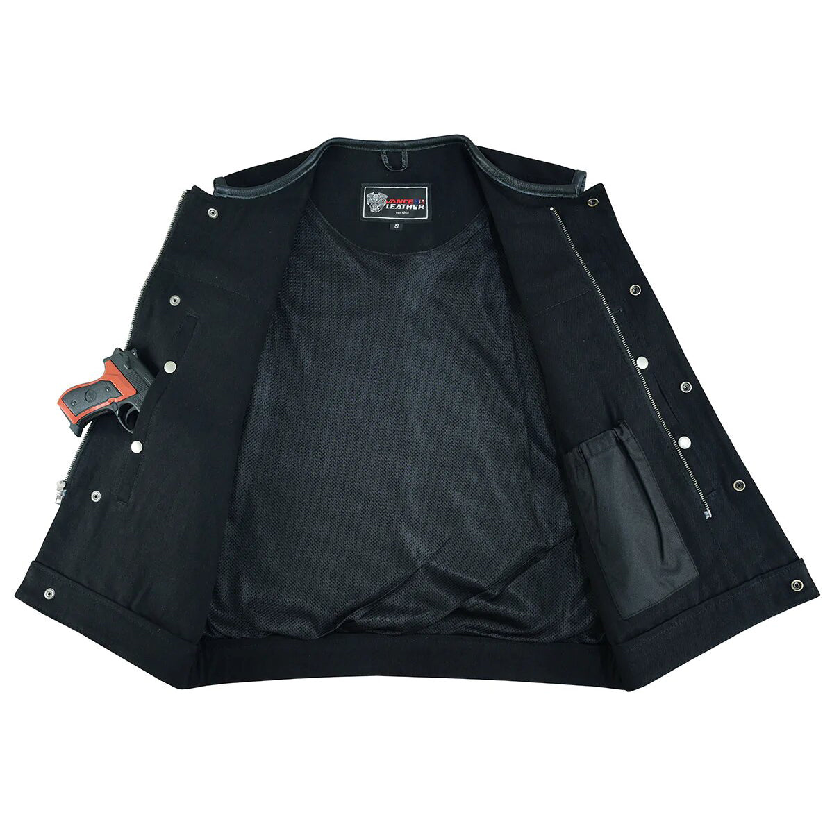 Denim Black Collarless Club Vest with Leather trims